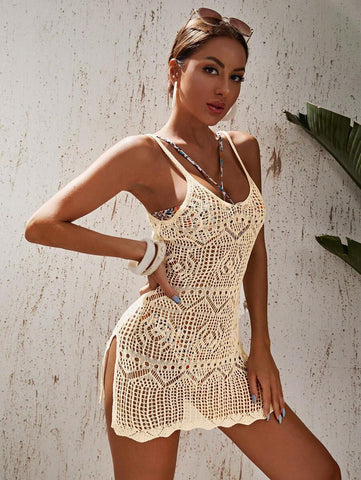 Swim Vcay escavar fenda na coxa crochê Cami Vestido de cobertura