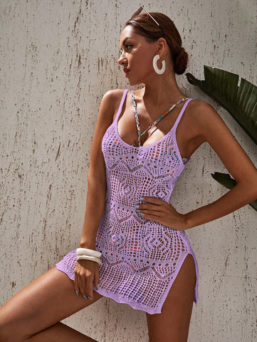 Swim Vcay escavar fenda na coxa crochê Cami Vestido de cobertura