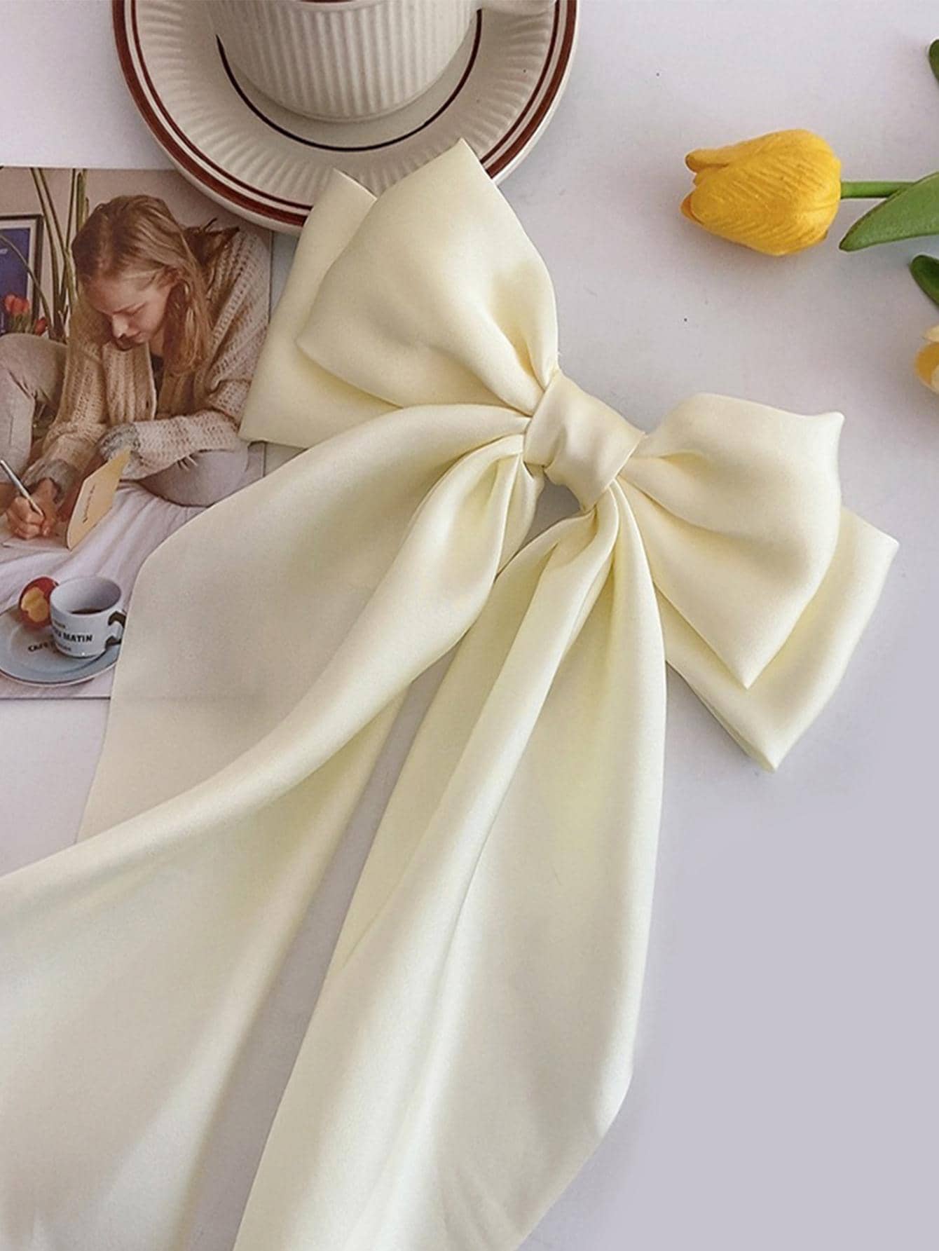 Conjunto de 2 peças de grampos de cabelo com laço longo preto e branco para mulheres, grampos de cabelo fofos para o Dia dos Namorados, grampos de cabelo com garras, presilhas de cabelo