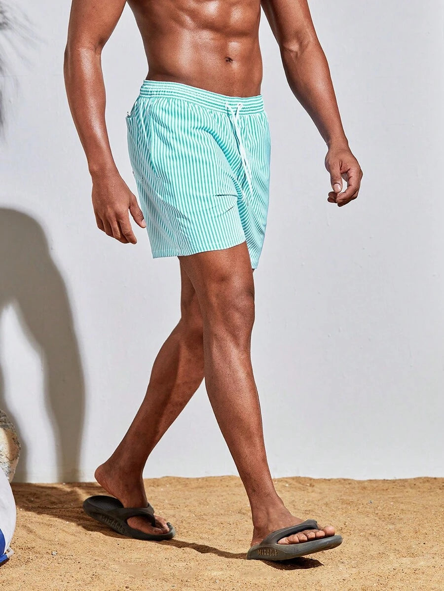 Horizaway Cordão Bolso Listrado Período de férias Calções de praia masculinos