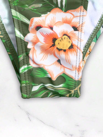Estampa Tropical Lado Do Nó Fato De Banho De Uma Peça