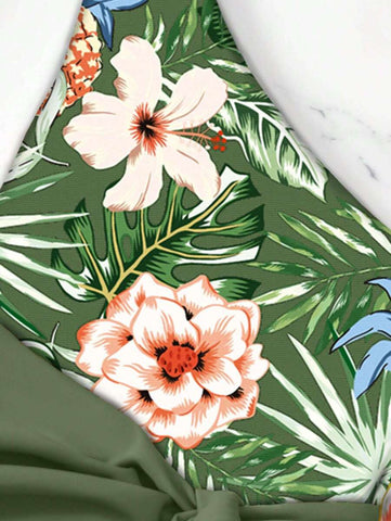 Estampa Tropical Lado Do Nó Fato De Banho De Uma Peça