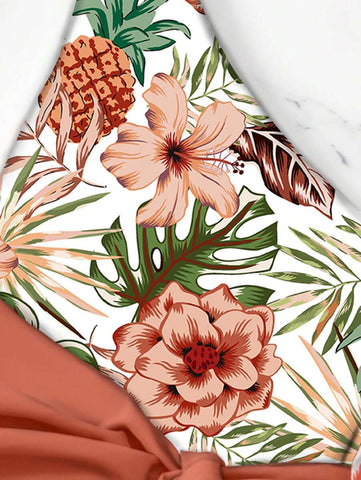 Estampa Tropical Lado Do Nó Fato De Banho De Uma Peça