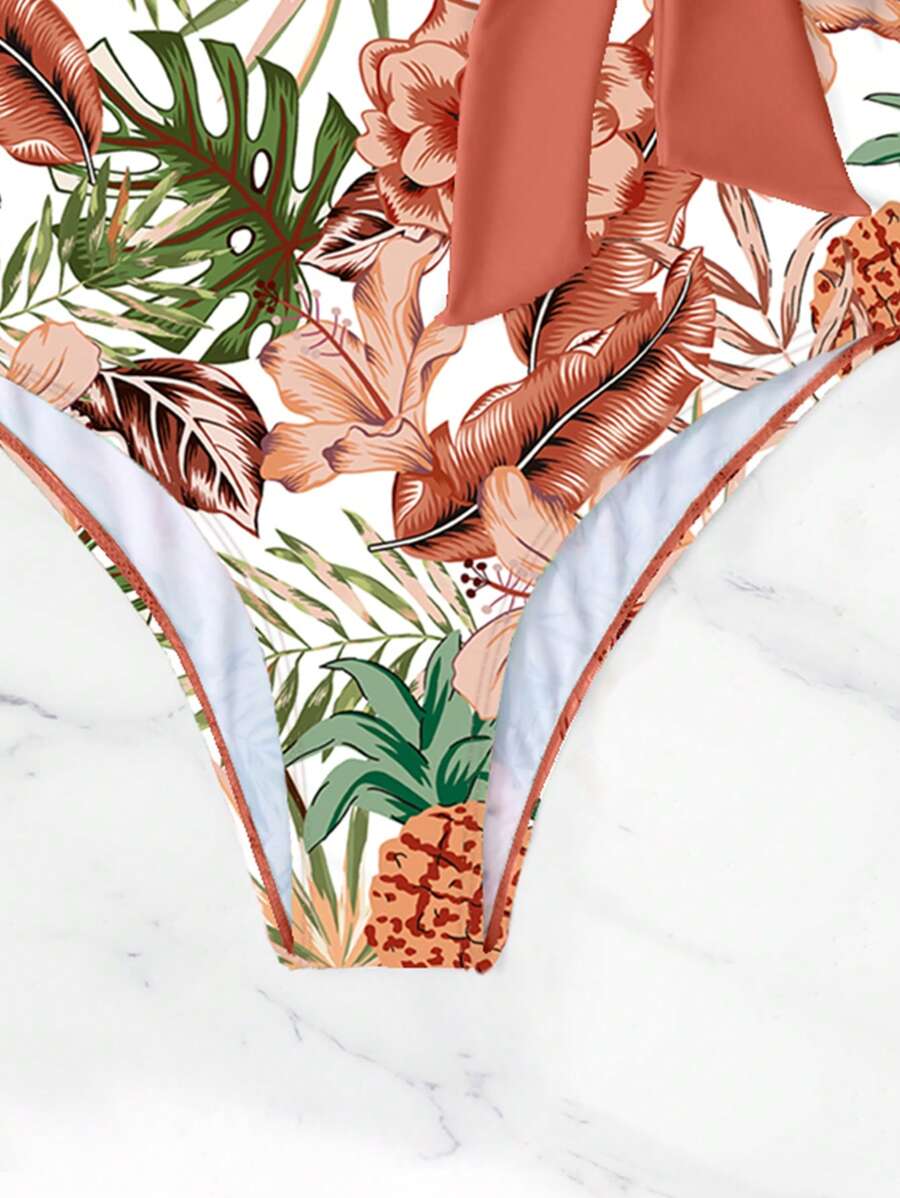 Estampa Tropical Lado Do Nó Fato De Banho De Uma Peça