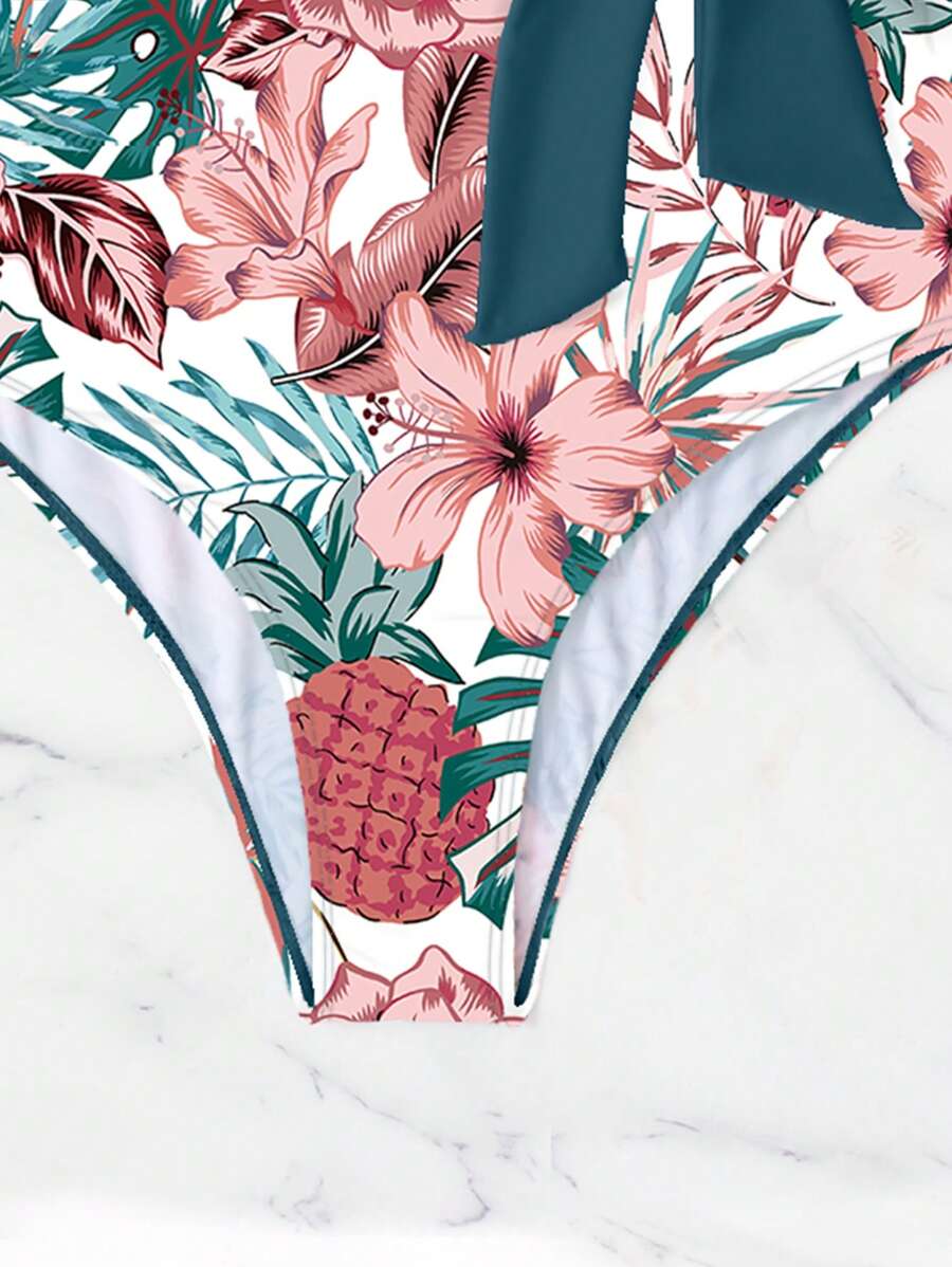 Estampa Tropical Lado Do Nó Fato De Banho De Uma Peça