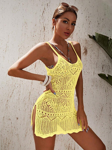 Swim Vcay escavar fenda na coxa crochê Cami Vestido de cobertura