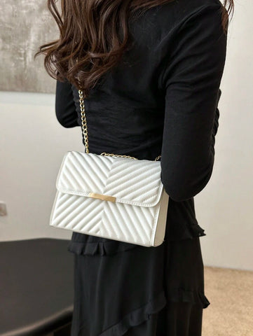 Mini Bolsa Crossbody Com Aba Acolchoada, Bolsa De Ombro Com Alça De Corrente, Acessório De Moda Feminina Para O Verão