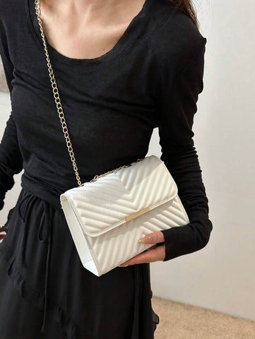 Mini Bolsa Crossbody Com Aba Acolchoada, Bolsa De Ombro Com Alça De Corrente, Acessório De Moda Feminina Para O Verão