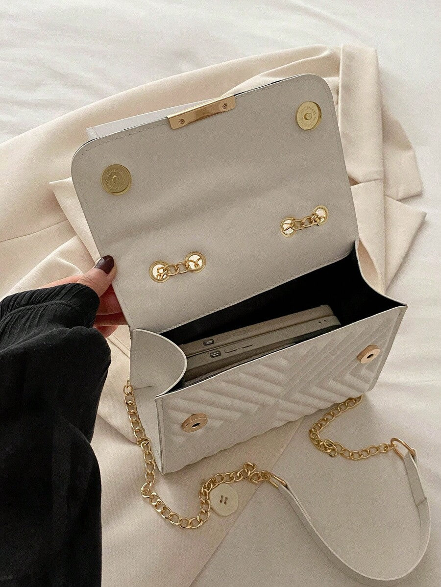 Mini Bolsa Crossbody Com Aba Acolchoada, Bolsa De Ombro Com Alça De Corrente, Acessório De Moda Feminina Para O Verão