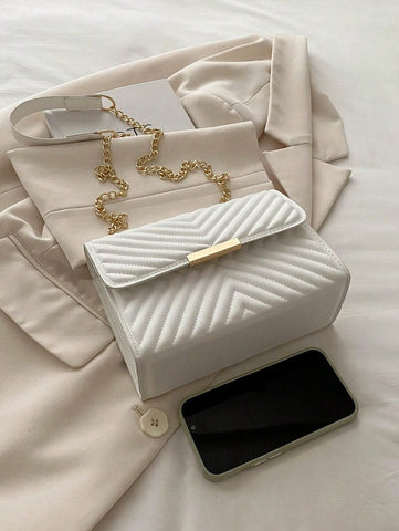 Mini Bolsa Crossbody Com Aba Acolchoada, Bolsa De Ombro Com Alça De Corrente, Acessório De Moda Feminina Para O Verão