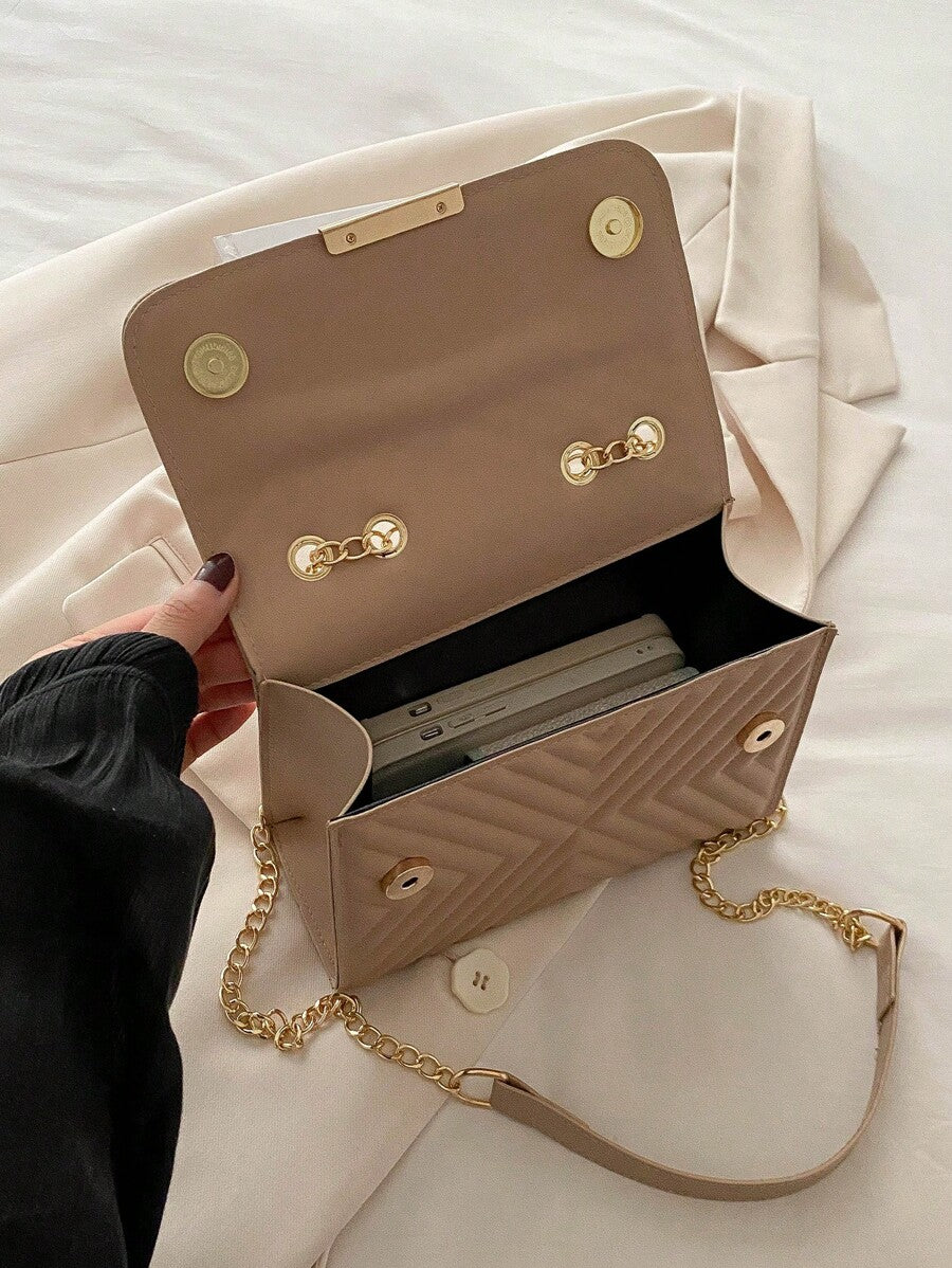 Mini Bolsa Crossbody Com Aba Acolchoada, Bolsa De Ombro Com Alça De Corrente, Acessório De Moda Feminina Para O Verão