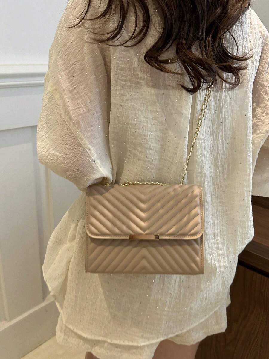Mini Bolsa Crossbody Com Aba Acolchoada, Bolsa De Ombro Com Alça De Corrente, Acessório De Moda Feminina Para O Verão
