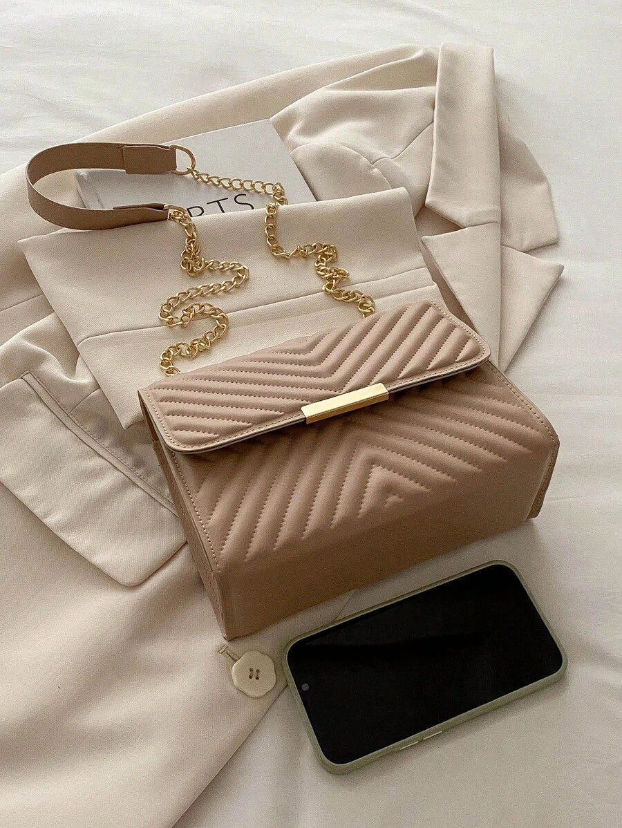 Mini Bolsa Crossbody Com Aba Acolchoada, Bolsa De Ombro Com Alça De Corrente, Acessório De Moda Feminina Para O Verão