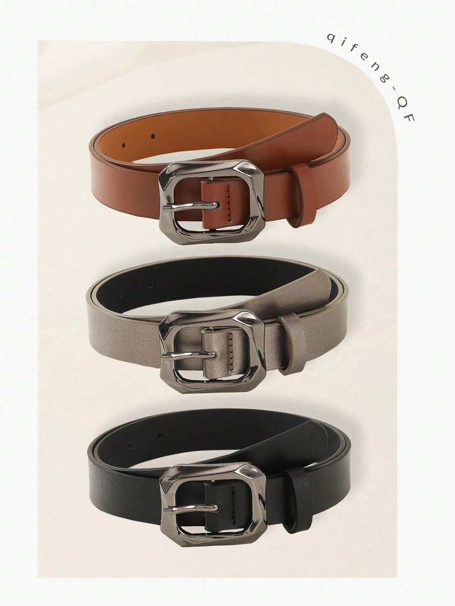Cinto de couro com fivela quadrada dourada 3 peças, moda e elegância para vestidos, camisetas, calças casuais, verão feminino, escola