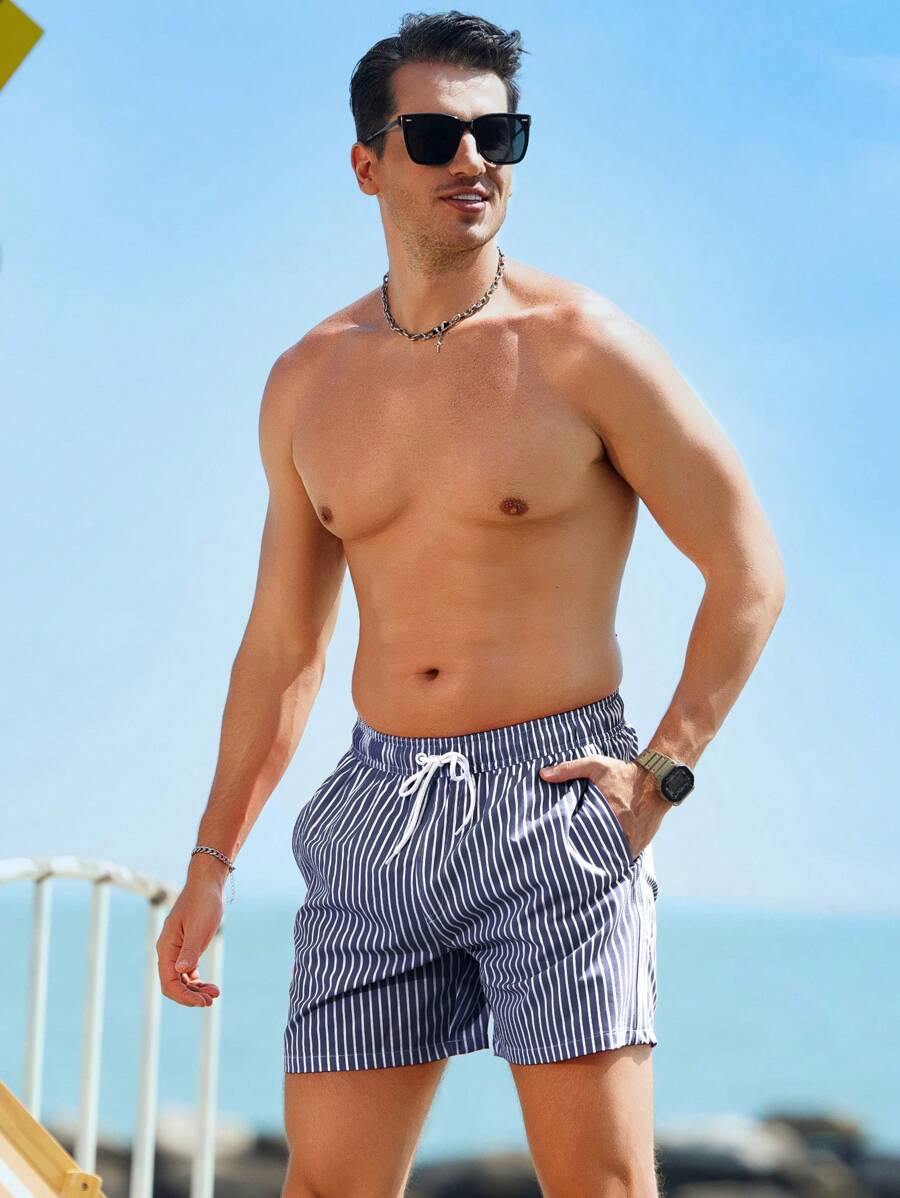 Horizaway Cordão Bolso Listrado Período de férias Calções de praia masculinos