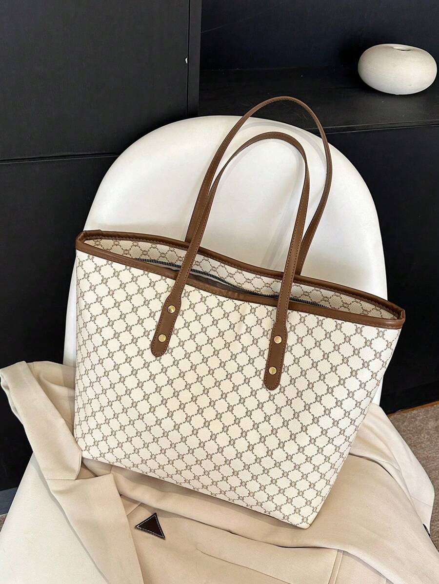 Grande capacidade simples e versátil bolsa tote impressa com decoração de rebites para mulheres bolsa tote com estampa de flores retrô bolsa de ombro de grande capacidade bolsa de mão diária da moda para mulheres, novidade no outono/inverno bolsa tote de