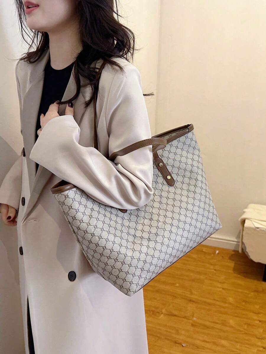 Grande capacidade simples e versátil bolsa tote impressa com decoração de rebites para mulheres bolsa tote com estampa de flores retrô bolsa de ombro de grande capacidade bolsa de mão diária da moda para mulheres, novidade no outono/inverno bolsa tote de