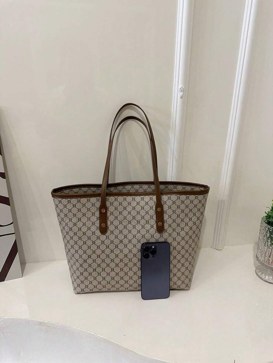 Grande capacidade simples e versátil bolsa tote impressa com decoração de rebites para mulheres bolsa tote com estampa de flores retrô bolsa de ombro de grande capacidade bolsa de mão diária da moda para mulheres, novidade no outono/inverno bolsa tote de