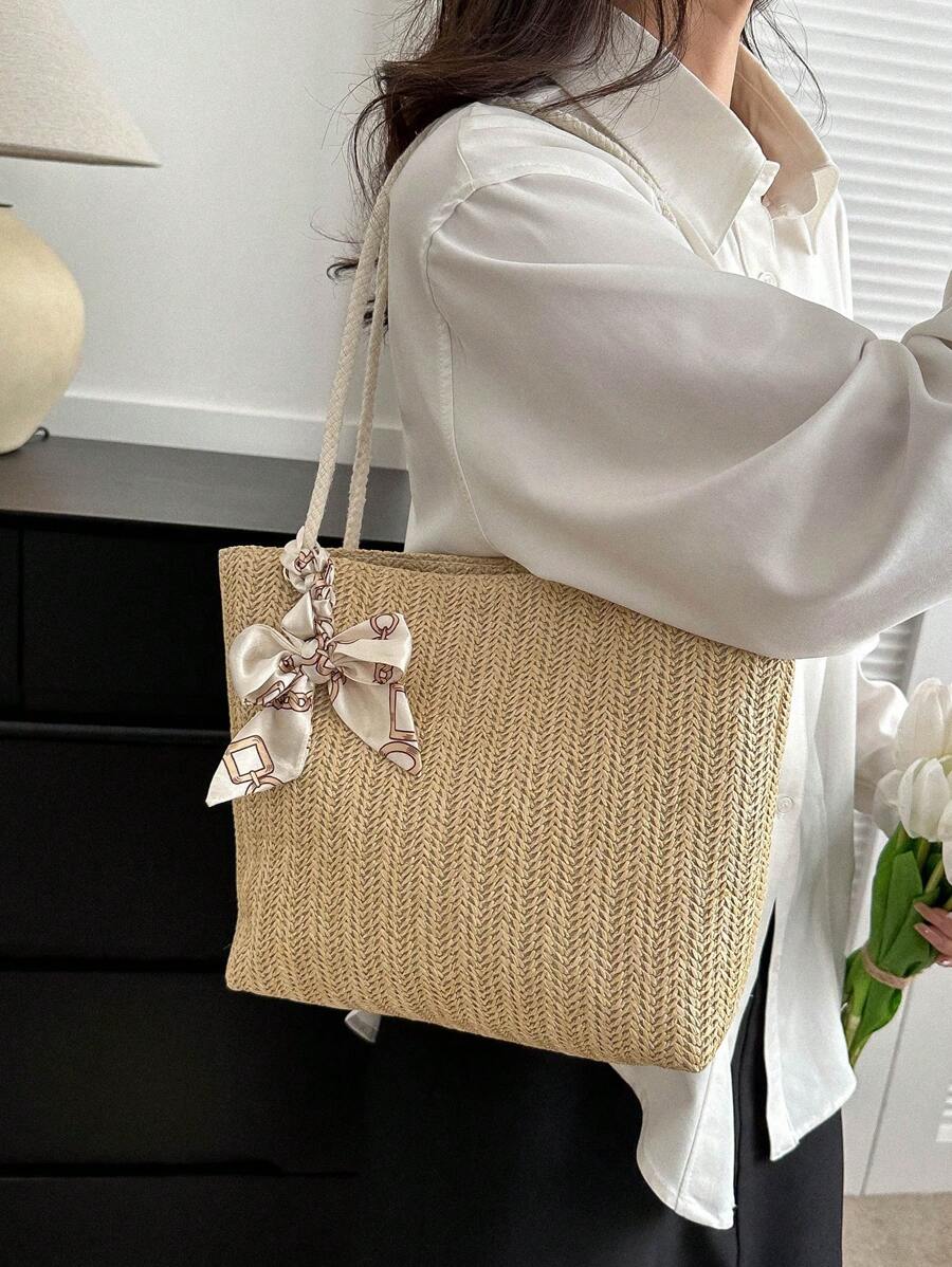 Bolsa de palha casual e moderna para mulheres, bolsa tote/ombro/bolsa de mão/bolsa de praia, bolsa de férias da moda para o verão