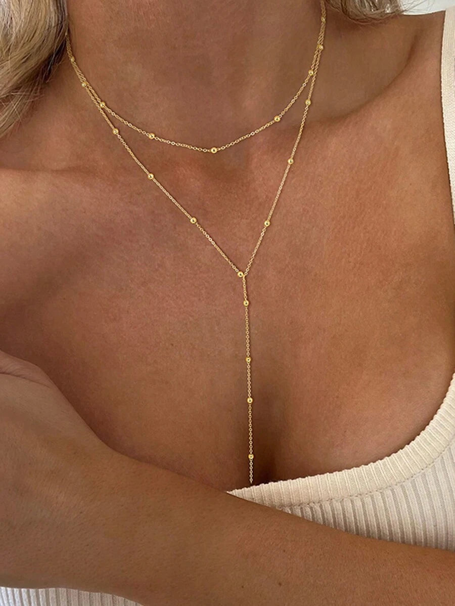 1pc Aço Inoxidável Dupla Camada Colar Longo Pingente Colar Jóias Y-Em Forma De Corrente Com Bola Redonda Pingente Colar De Corrente Dupla Para Mulheres Uso Diário