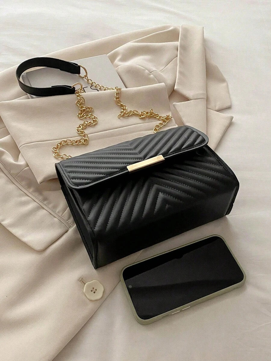 Mini Bolsa Crossbody Com Aba Acolchoada, Bolsa De Ombro Com Alça De Corrente, Acessório De Moda Feminina Para O Verão
