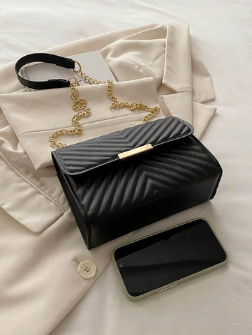 Mini Bolsa Crossbody Com Aba Acolchoada, Bolsa De Ombro Com Alça De Corrente, Acessório De Moda Feminina Para O Verão