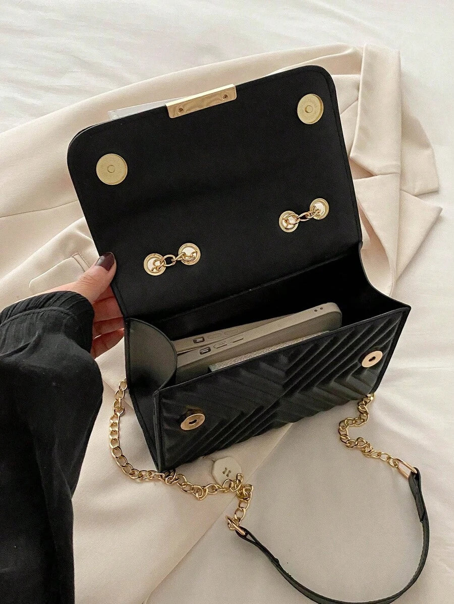 Mini Bolsa Crossbody Com Aba Acolchoada, Bolsa De Ombro Com Alça De Corrente, Acessório De Moda Feminina Para O Verão