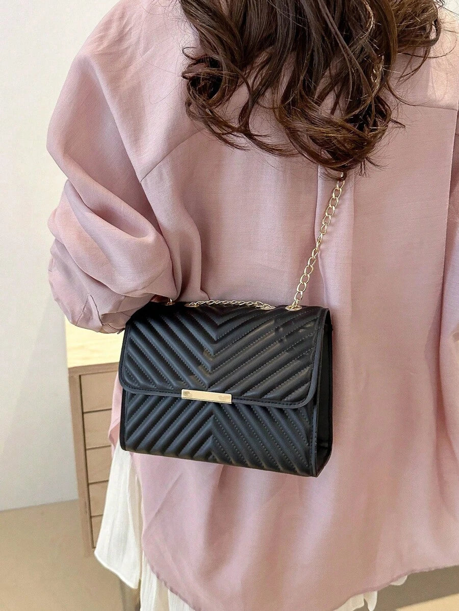 Mini Bolsa Crossbody Com Aba Acolchoada, Bolsa De Ombro Com Alça De Corrente, Acessório De Moda Feminina Para O Verão