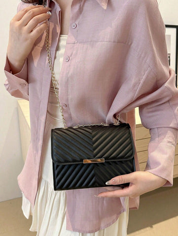 Mini Bolsa Crossbody Com Aba Acolchoada, Bolsa De Ombro Com Alça De Corrente, Acessório De Moda Feminina Para O Verão