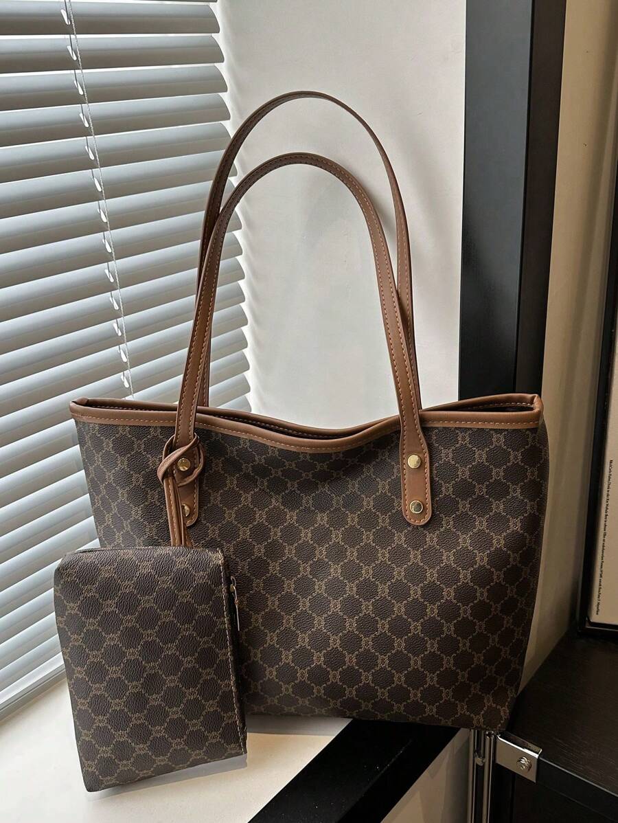 Grande capacidade simples e versátil bolsa tote impressa com decoração de rebites para mulheres bolsa tote com estampa de flores retrô bolsa de ombro de grande capacidade bolsa de mão diária da moda para mulheres, novidade no outono/inverno bolsa tote de