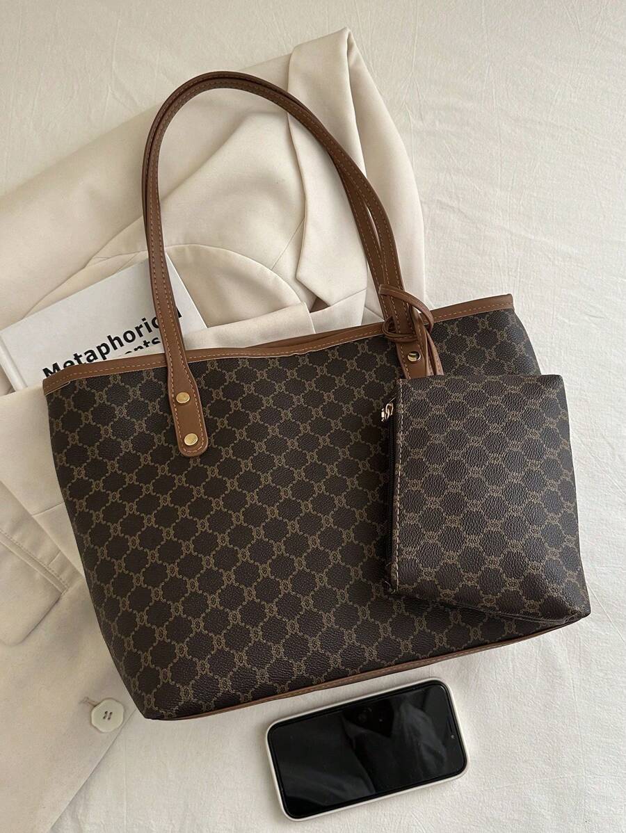 Grande capacidade simples e versátil bolsa tote impressa com decoração de rebites para mulheres bolsa tote com estampa de flores retrô bolsa de ombro de grande capacidade bolsa de mão diária da moda para mulheres, novidade no outono/inverno bolsa tote de