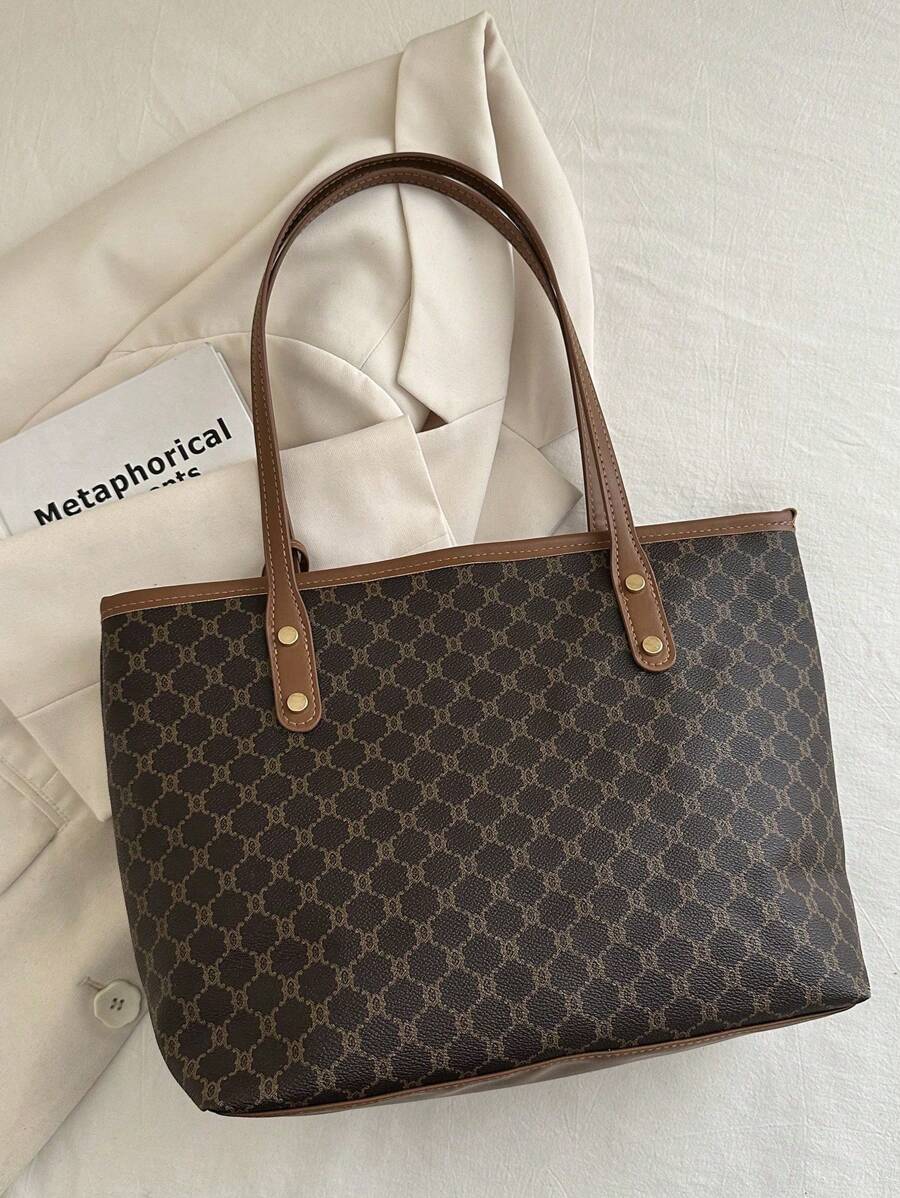 Grande capacidade simples e versátil bolsa tote impressa com decoração de rebites para mulheres bolsa tote com estampa de flores retrô bolsa de ombro de grande capacidade bolsa de mão diária da moda para mulheres, novidade no outono/inverno bolsa tote de