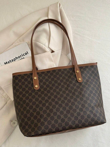 Grande capacidade simples e versátil bolsa tote impressa com decoração de rebites para mulheres bolsa tote com estampa de flores retrô bolsa de ombro de grande capacidade bolsa de mão diária da moda para mulheres, novidade no outono/inverno bolsa tote de