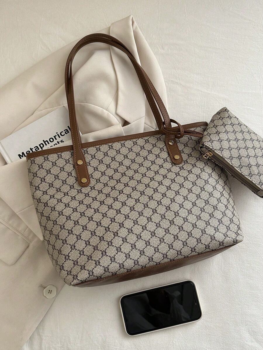 Grande capacidade simples e versátil bolsa tote impressa com decoração de rebites para mulheres bolsa tote com estampa de flores retrô bolsa de ombro de grande capacidade bolsa de mão diária da moda para mulheres, novidade no outono/inverno bolsa tote de