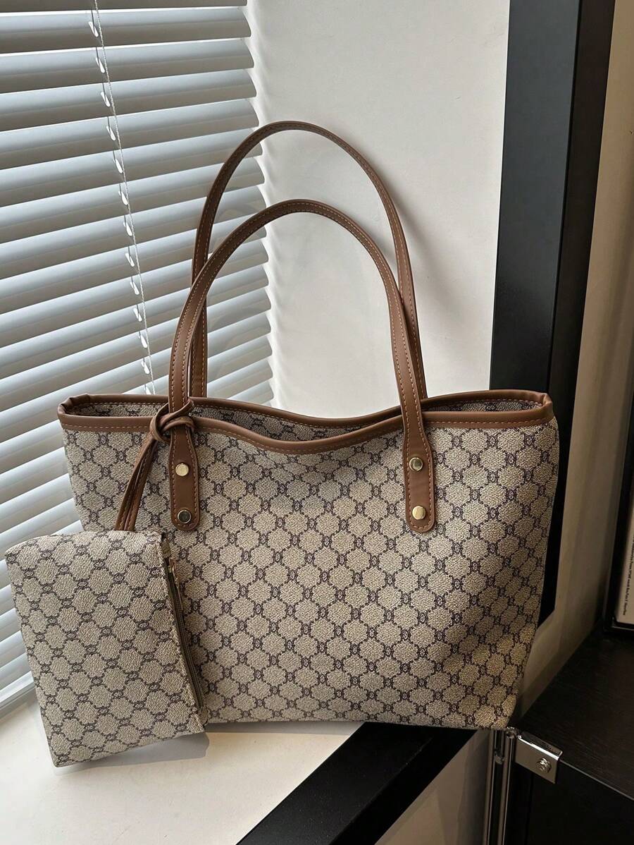 Grande capacidade simples e versátil bolsa tote impressa com decoração de rebites para mulheres bolsa tote com estampa de flores retrô bolsa de ombro de grande capacidade bolsa de mão diária da moda para mulheres, novidade no outono/inverno bolsa tote de