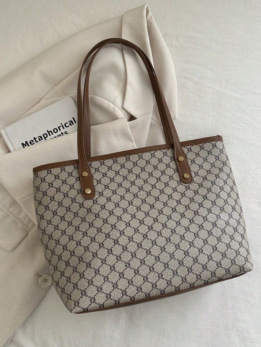 Grande capacidade simples e versátil bolsa tote impressa com decoração de rebites para mulheres bolsa tote com estampa de flores retrô bolsa de ombro de grande capacidade bolsa de mão diária da moda para mulheres, novidade no outono/inverno bolsa tote de