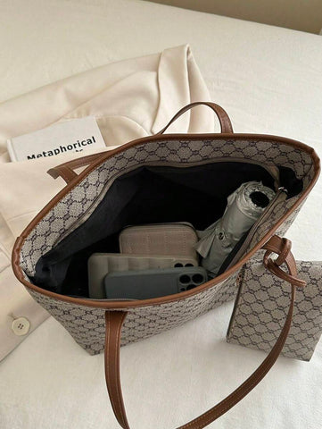 Grande capacidade simples e versátil bolsa tote impressa com decoração de rebites para mulheres bolsa tote com estampa de flores retrô bolsa de ombro de grande capacidade bolsa de mão diária da moda para mulheres, novidade no outono/inverno bolsa tote de