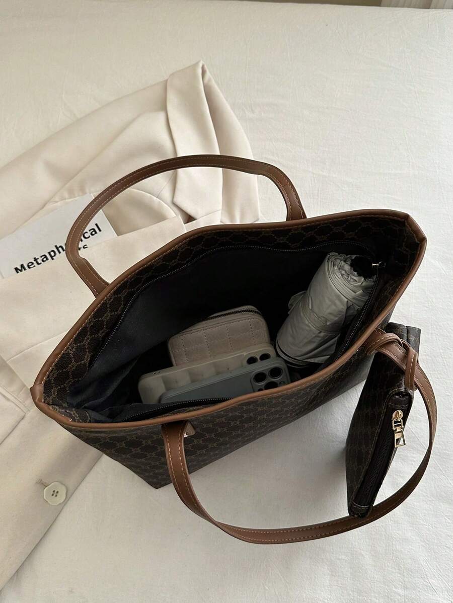 Grande capacidade simples e versátil bolsa tote impressa com decoração de rebites para mulheres bolsa tote com estampa de flores retrô bolsa de ombro de grande capacidade bolsa de mão diária da moda para mulheres, novidade no outono/inverno bolsa tote de