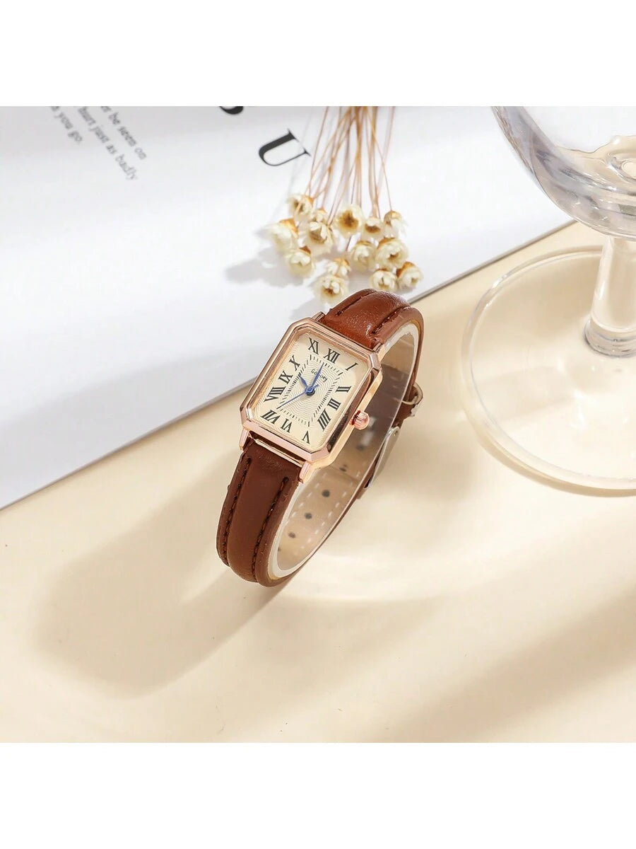 1pc Minimalista Feminino Retangular Numeral Romano Dial Moda Relógio de Pulseira de Bambu, Adequado para Roupas Diárias, Aniversário, Presentes de Aniversário