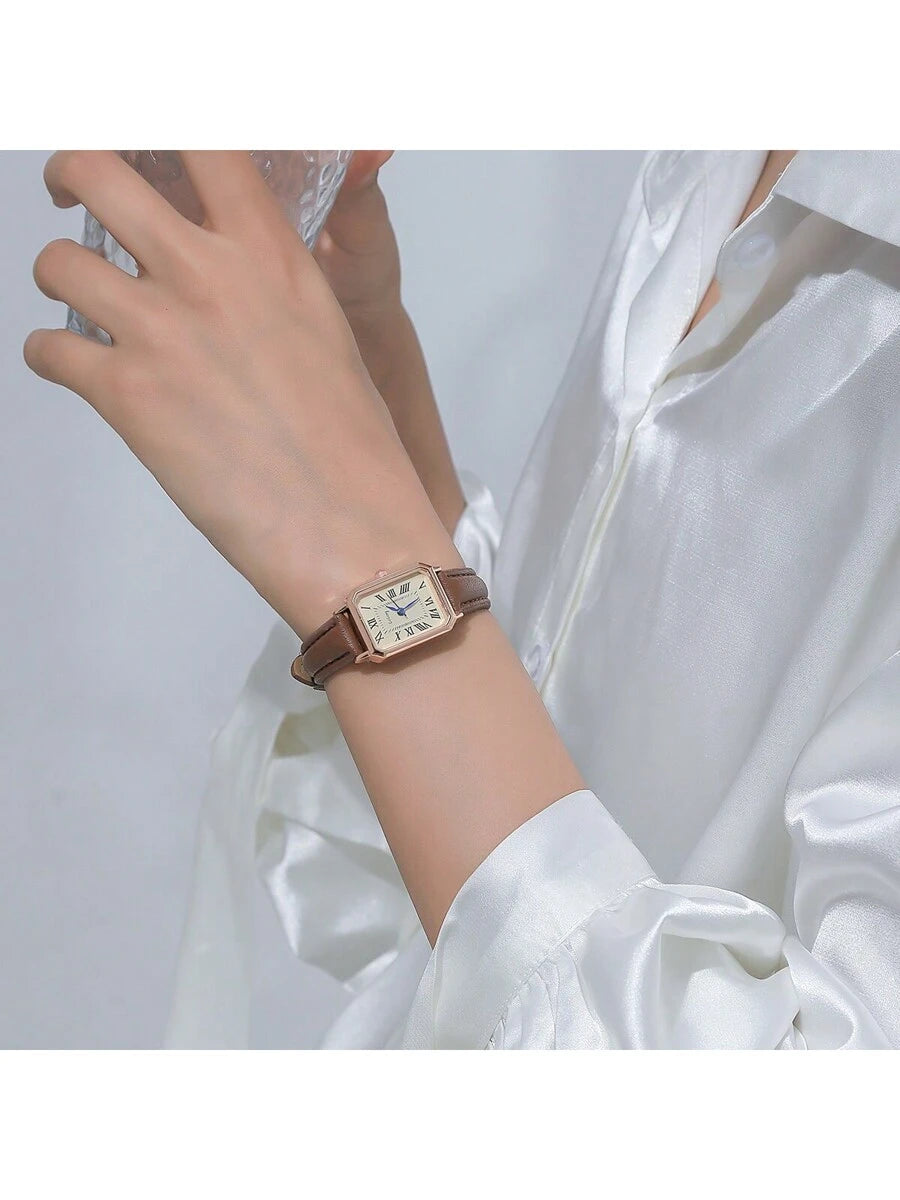 1pc Minimalista Feminino Retangular Numeral Romano Dial Moda Relógio de Pulseira de Bambu, Adequado para Roupas Diárias, Aniversário, Presentes de Aniversário