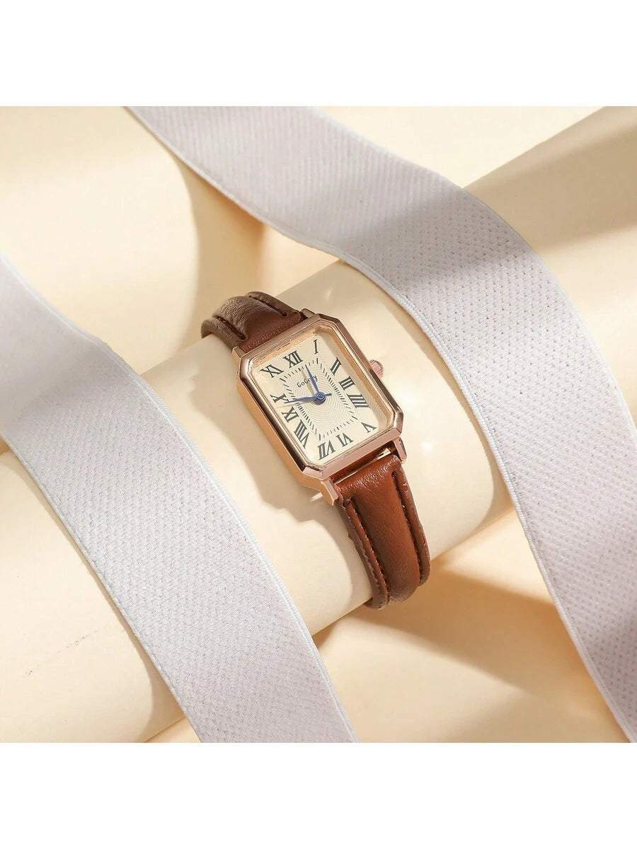 1pc Minimalista Feminino Retangular Numeral Romano Dial Moda Relógio de Pulseira de Bambu, Adequado para Roupas Diárias, Aniversário, Presentes de Aniversário