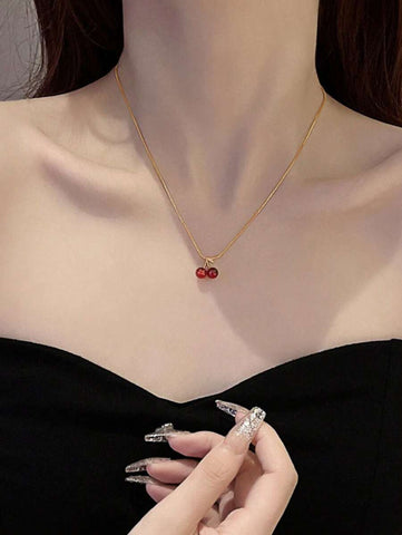 1pc colar de pingente de cereja vermelha de alta qualidade para mulheres, simples e delicado, moderno e elegante corrente de clavícula