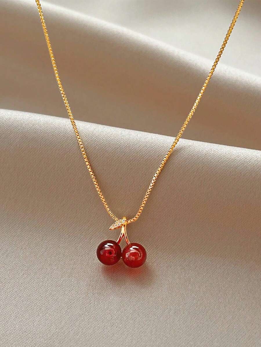 1pc colar de pingente de cereja vermelha de alta qualidade para mulheres, simples e delicado, moderno e elegante corrente de clavícula