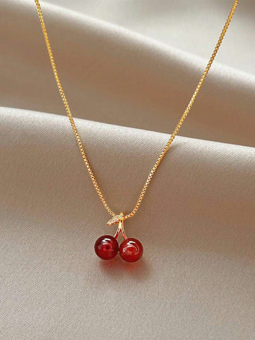 1pc colar de pingente de cereja vermelha de alta qualidade para mulheres, simples e delicado, moderno e elegante corrente de clavícula