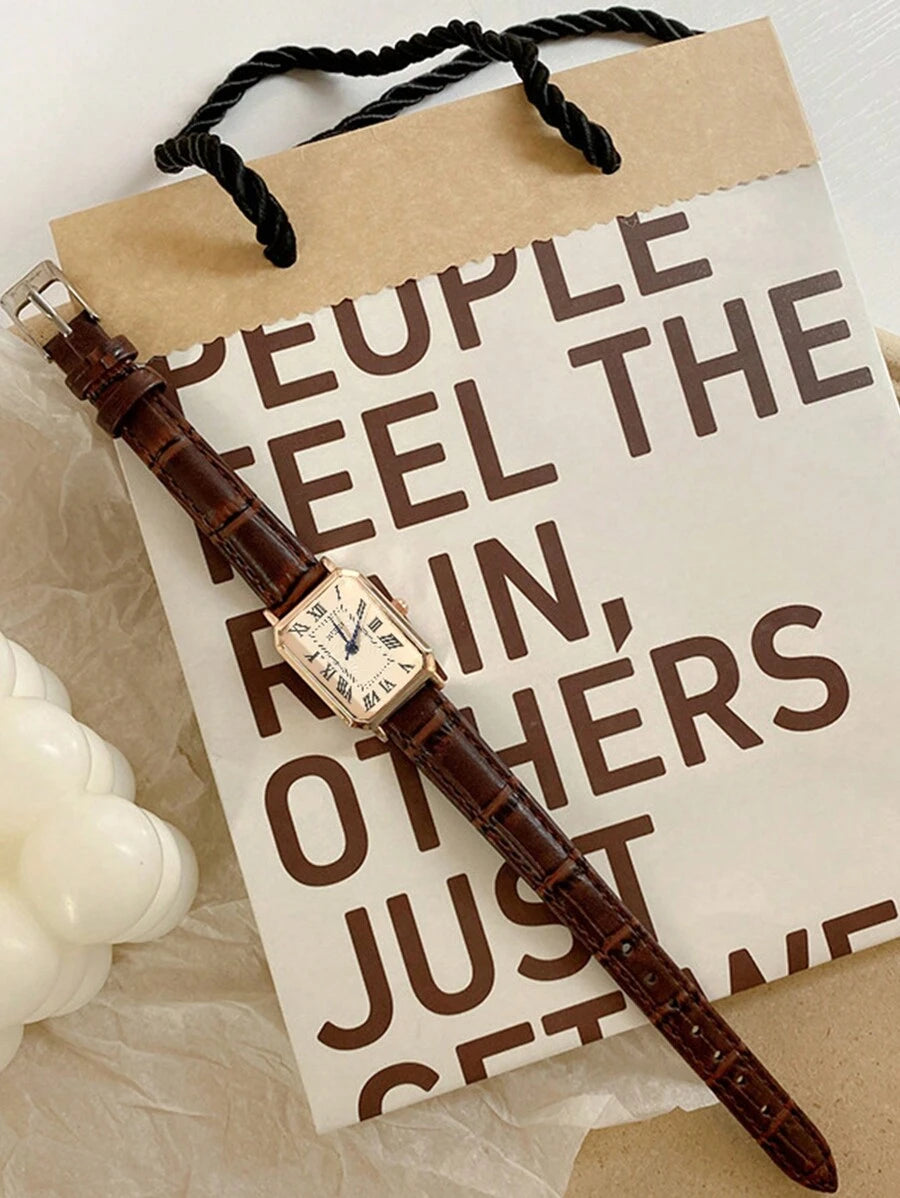 1pc Minimalista Feminino Retangular Numeral Romano Dial Moda Relógio de Pulseira de Bambu, Adequado para Roupas Diárias, Aniversário, Presentes de Aniversário