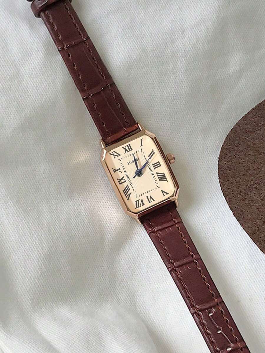 1pc Minimalista Feminino Retangular Numeral Romano Dial Moda Relógio de Pulseira de Bambu, Adequado para Roupas Diárias, Aniversário, Presentes de Aniversário
