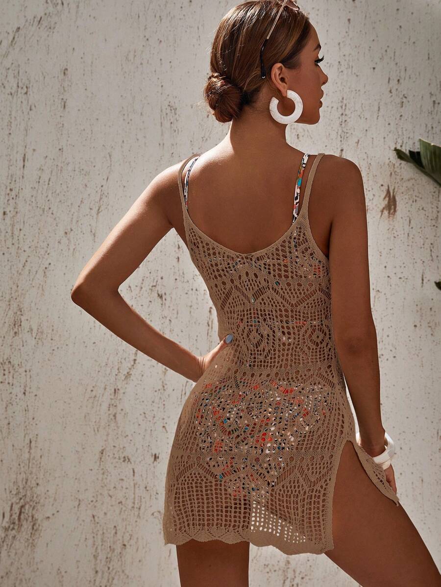 Swim Vcay escavar fenda na coxa crochê Cami Vestido de cobertura