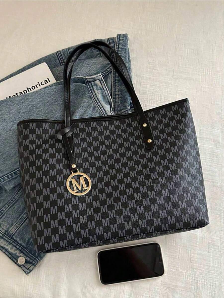 Grande capacidade simples e versátil bolsa tote impressa com decoração de rebites para mulheres bolsa tote com estampa de flores retrô bolsa de ombro de grande capacidade bolsa de mão diária da moda para mulheres, novidade no outono/inverno bolsa tote de