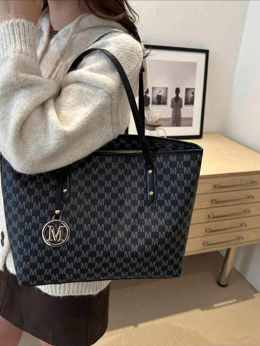 Grande capacidade simples e versátil bolsa tote impressa com decoração de rebites para mulheres bolsa tote com estampa de flores retrô bolsa de ombro de grande capacidade bolsa de mão diária da moda para mulheres, novidade no outono/inverno bolsa tote de