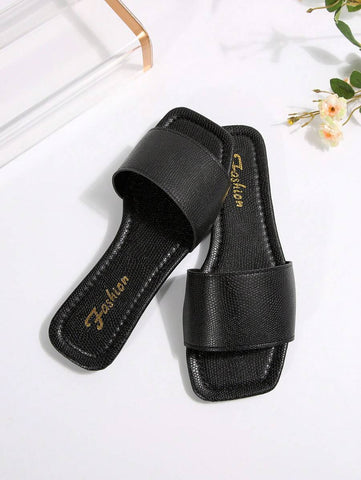 Sandálias Plus Size Slide, Novas Sandálias Rasas Pretas Bico Quadrado Primavera Verão, Combine com Vestidos para Fazer as Pernas Parecerem Mais Longas, Sandálias da Moda, Lindas Meninas Verão Praia Slip On Chinelos Antiderrapantes